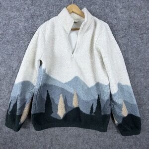 Hoodies‎ Fleece Sherpa Jacket Mens Medium Blue Ivory Mountain Graphic 1/4 Zip